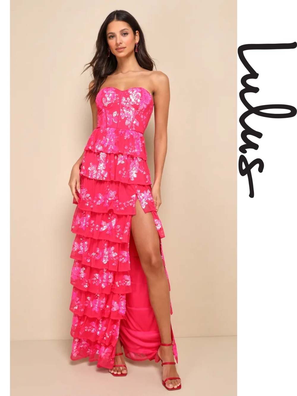 Lulu's -Definite Glamour Hot Pink Sequin Strapless Bustier Maxi Dress -Small